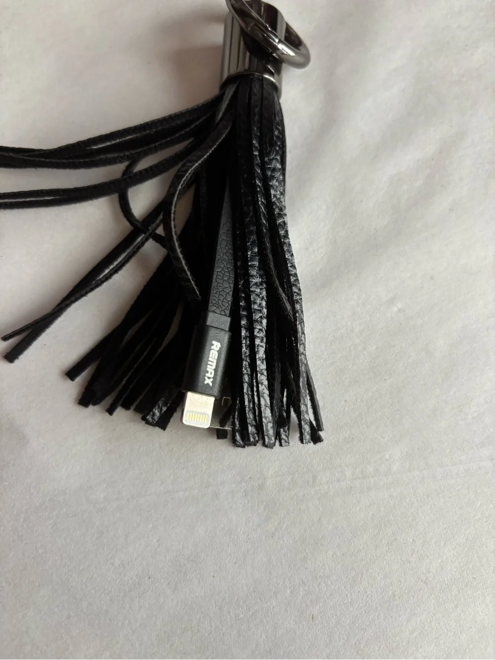 Remax faux leather black tassel USB A lightning cord charging adapter keychain